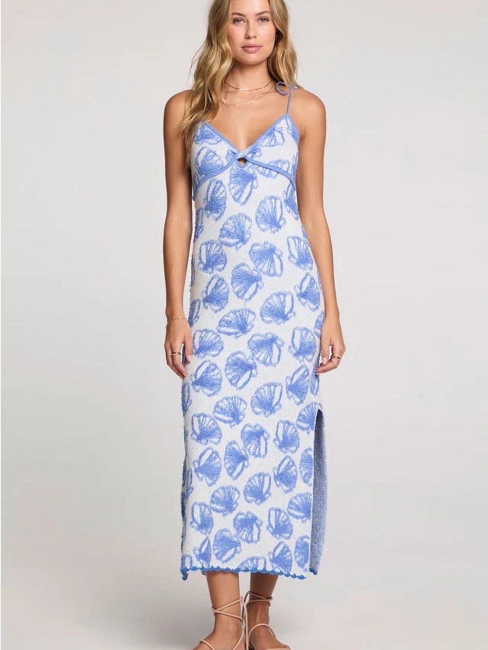 saltwater LUXE Blue and White Shell-Print Midi Slip Dress